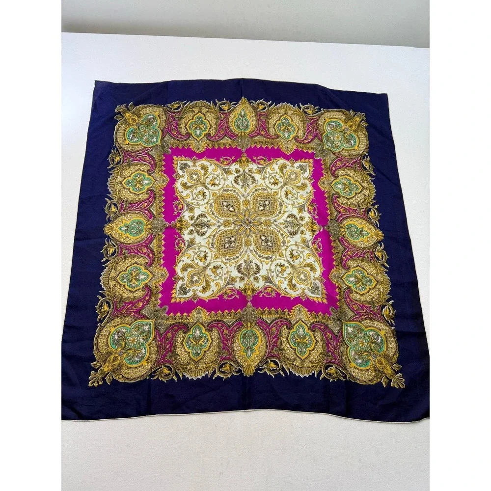 Vintage Silk Hand Rolled Paisley Scarf Purple Pink Green 33 x 33